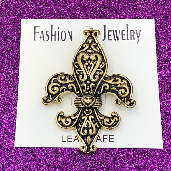 Fleur De Lis Pendant Pin Gold Tone Brooch - Picture 1 of 3